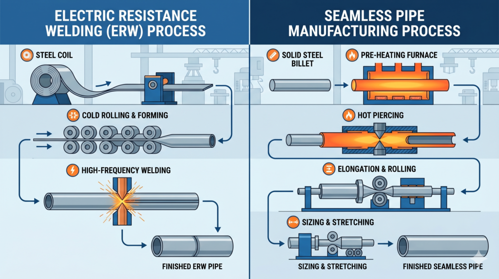 ERW pipe manufacturing process vs seamless pipe billet piercing